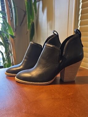 Jeffrey Campbell Black Leather Ankle Booties with Stacked Tan Heel